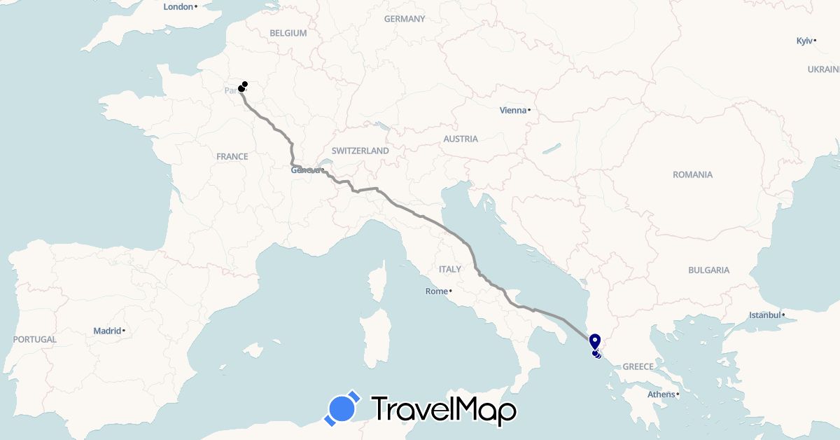 TravelMap itinerary: driving, plane, chauffeur privé in France, Greece (Europe)