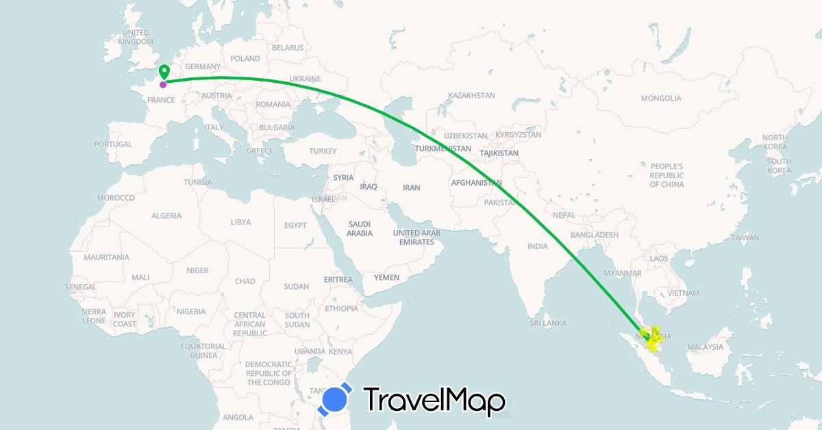 TravelMap itinerary: driving, bus, plane, train, boat, minivan in France, Malaysia (Asia, Europe)